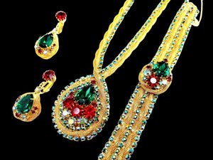 Juliana D&E Emerald, Ruby & Aurora Borealis Necklace, Bracelet & Earrings Set