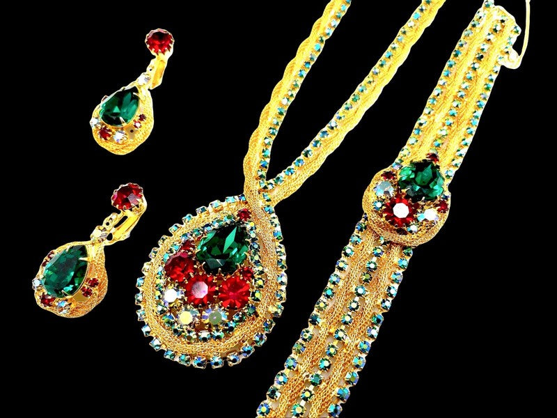 Juliana D&E Emerald, Ruby & Aurora Borealis Necklace, Bracelet & Earrings Set