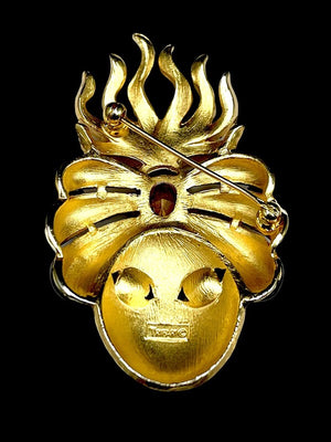 1960s Crown Trifari Gold Plate & Enamel Turban Genie Statement Brooch