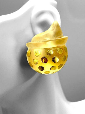 Patricia Von Musulin Frosted Lucite & 24K Gold Polka Dot Sculptural Clip Earrings