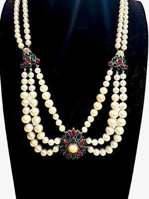 1950s Crown Trifari "Maharajah" Faux Pearl & Multicolor Cabochon Necklace