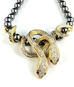 Roberto Cavalli Grey Pearl Double Serpent Necklace with Crystal Pendant