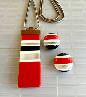 Lanvin Paris Red, White & Blue Striped Lucite Pendant & Earrings Set