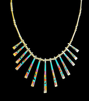 Andrew Dewa Sterling Reversible 13-Pendant Inlay Necklace with Two Pairs of Earrings