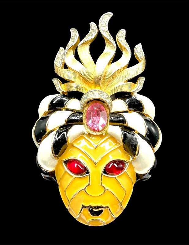 1960s Crown Trifari Gold Plate & Enamel Turban Genie Statement Brooch