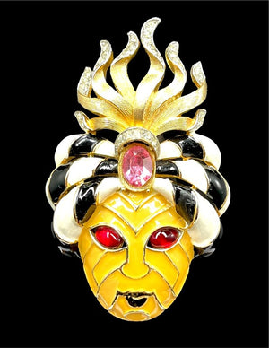1960s Crown Trifari Gold Plate & Enamel Turban Genie Statement Brooch