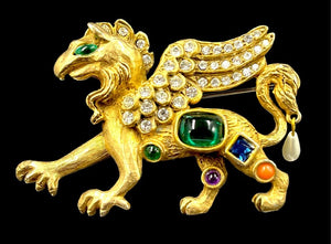 1960s Kenneth Jay Lane K.J.L. Gold Plate & Cabochon Fantasy Griffin Brooch