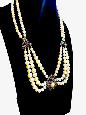 1950s Crown Trifari "Maharajah" Faux Pearl & Multicolor Cabochon Necklace