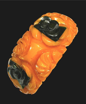 Carved Golden Amber Bakelite with Inset Green Roses Wide Bracelet