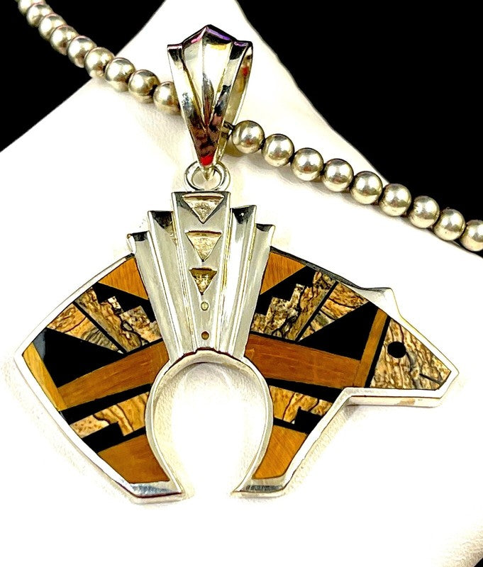 Charles Willie for David Rosales Supersmith Sterling & Tiger's Eye Bear Pendant Necklace