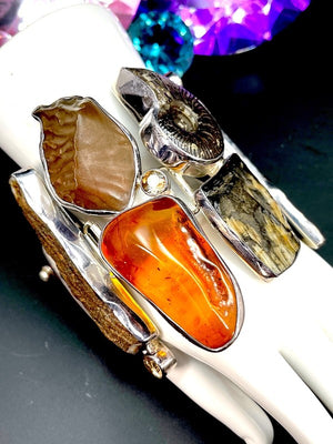 Starborn One-of-a-Kind Sterling, Amber, Ammolite & Petrified Wood Link Bracelet