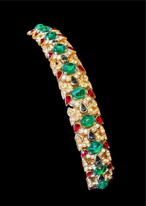 1960s Crown Trifari "Jewels of India" Cabochon & Pavé Link Bracelet
