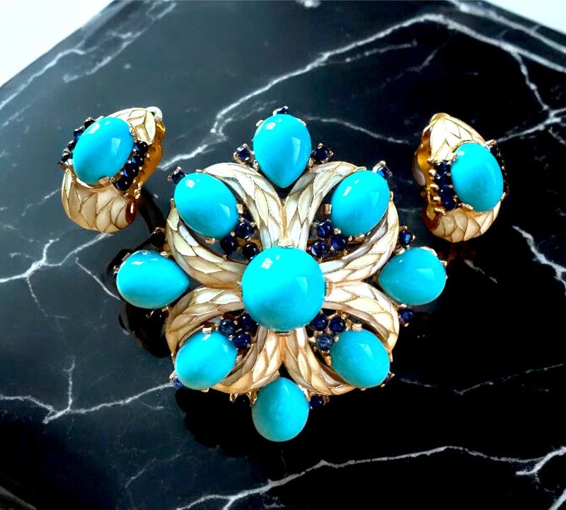 1968 Crown Trifari "L'Orient" Turquoise & Sapphire Cabochon Maltese Cross Brooch