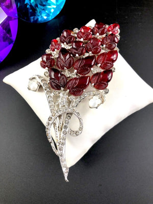 Reinad Ruby Red Acorn "Fruit Salad" Large Floral Art Nouveau Brooch
