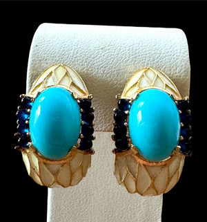 1968 Crown Trifari "L'Orient" Turquoise & Sapphire Cabochon Maltese Cross Brooch