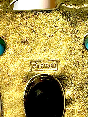 1970 Diane Love for Crown Trifari Sekhmet & Osiris Gold Plate Pendant Necklace