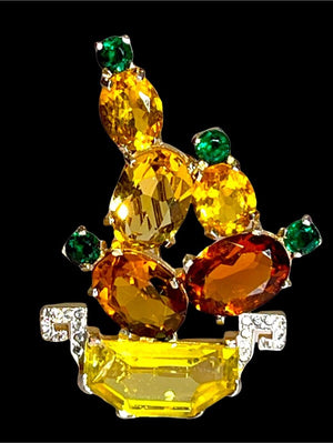 1940s Mazer Citrine, Amber & Emerald Rhinestone Cactus Flower Basket Brooch