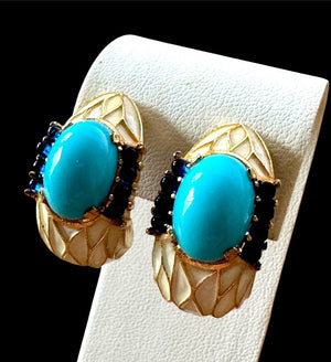 1968 Crown Trifari "L'Orient" Turquoise & Sapphire Cabochon Maltese Cross Brooch