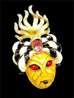 1960s Crown Trifari Gold Plate & Enamel Turban Genie Statement Brooch