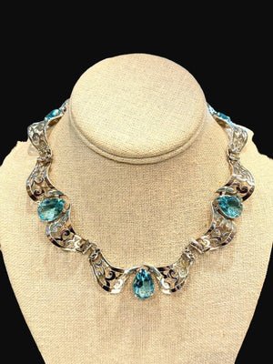 Parisian by Marcel Boucher Sterling & Aqua Rhinestone Necklace and Bracelet Set