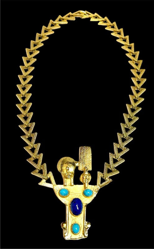 1970 Diane Love for Crown Trifari Sekhmet & Osiris Gold Plate Pendant Necklace