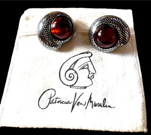 Patricia Von Musulin Ebony, Sterling & Red Tiger's Eye Nailhead Clip Earrings