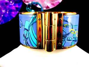 Hermès "Brides de Gala" XL Gold Plate Cuff, Pollen et Azure, New with Tags
