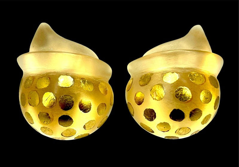 Patricia Von Musulin Frosted Lucite & 24K Gold Polka Dot Sculptural Clip Earrings