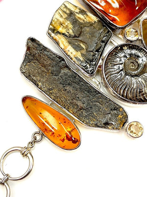 Starborn One-of-a-Kind Sterling, Amber, Ammolite & Petrified Wood Link Bracelet