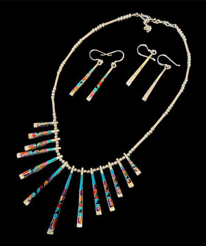 Andrew Dewa Sterling Reversible 13-Pendant Inlay Necklace with Two Pairs of Earrings