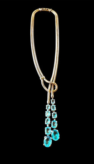 1940s Trifari Vermeil Sterling Double Snake Chain Rhinestone Lariat Necklace