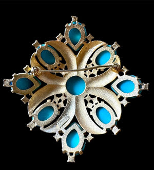 1968 Crown Trifari "L'Orient" Turquoise & Sapphire Cabochon Maltese Cross Brooch