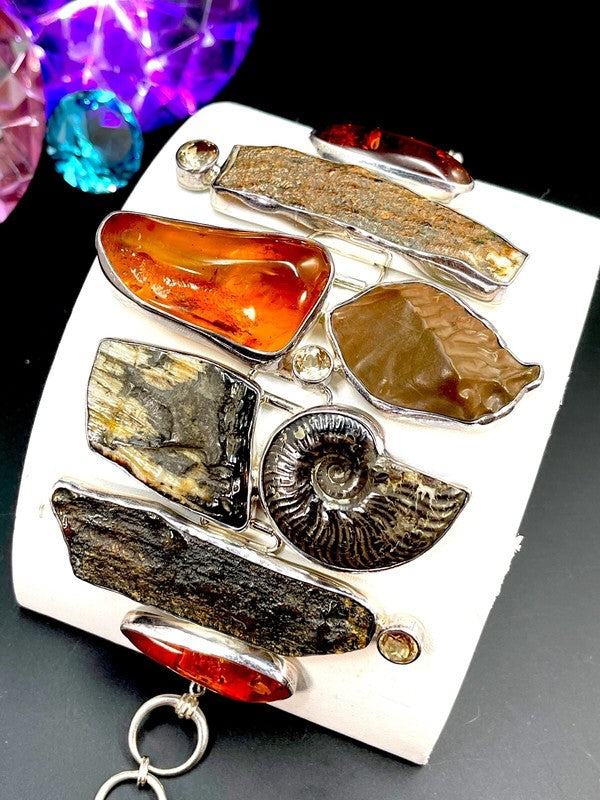 Starborn One-of-a-Kind Sterling, Amber, Ammolite & Petrified Wood Link Bracelet