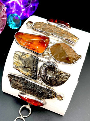 Starborn One-of-a-Kind Sterling, Amber, Ammolite & Petrified Wood Link Bracelet