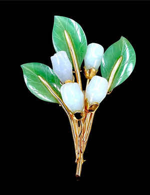 Gump's San Francisco 14K Gold & Carved Jade Flower Brooch
