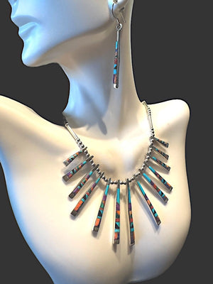 Andrew Dewa Sterling Reversible 13-Pendant Inlay Necklace with Two Pairs of Earrings