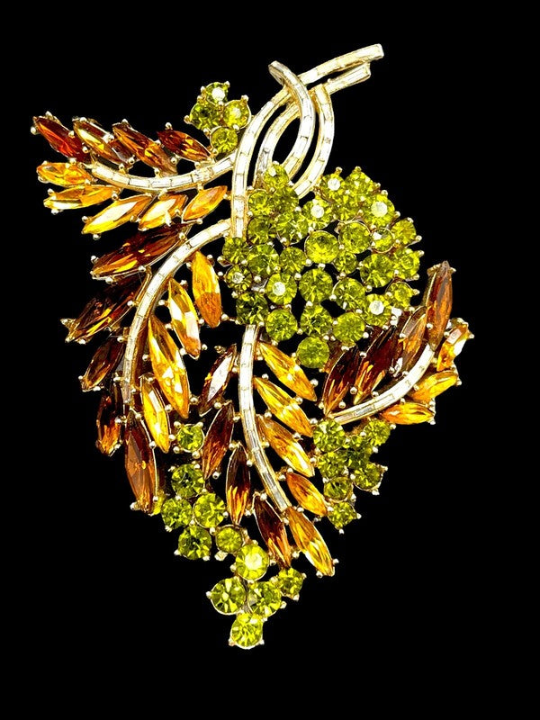 1960s Crown Trifari "Esplanade" Topaz Rhinestone Floral & Berries Brooch