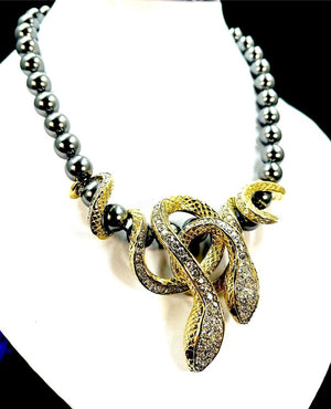 Roberto Cavalli Grey Pearl Double Serpent Necklace with Crystal Pendant