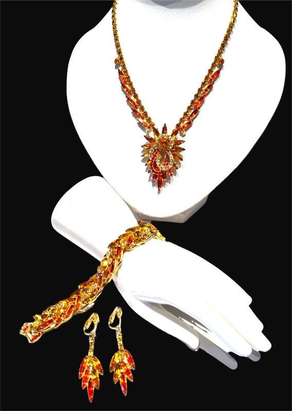 Juliana D&E Amber & Orange Navette Rhinestone Necklace, Bracelet & Drop Earrings