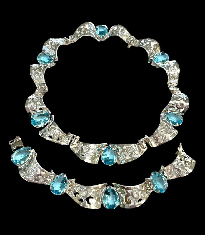 Parisian by Marcel Boucher Sterling & Aqua Rhinestone Necklace and Bracelet Set