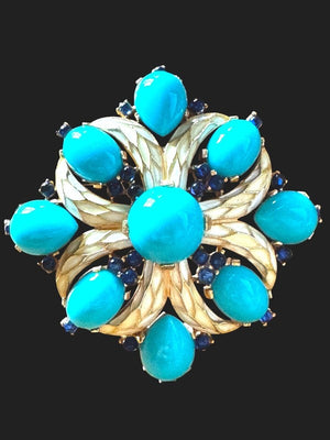 1968 Crown Trifari "L'Orient" Turquoise & Sapphire Cabochon Maltese Cross Brooch