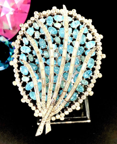 Crown Trifari rhodium baby blue baguette rhinestone caged statement brooch