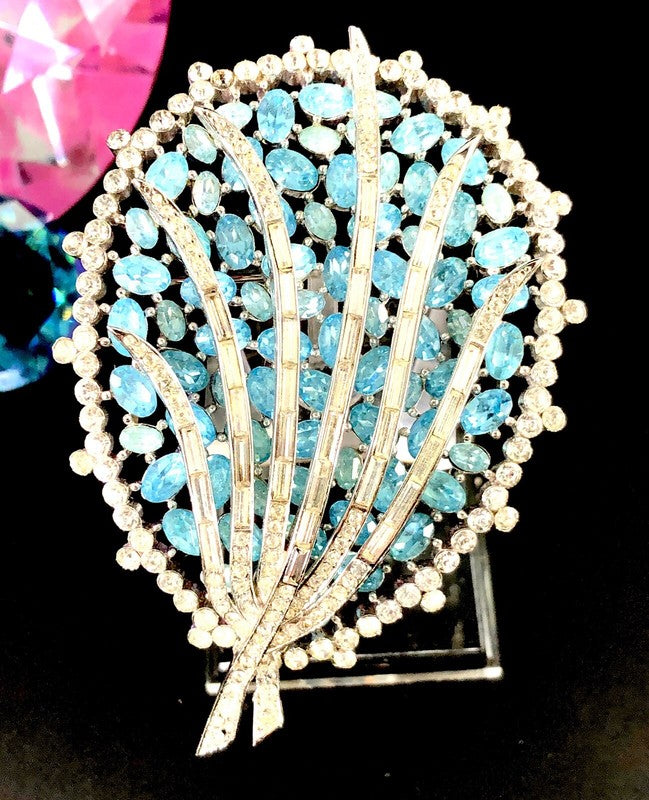 Crown Trifari Rhodium Baby Blue Baguette Rhinestone Caged Statement Brooch