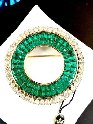 Crown Trifari Invisibly-Set Green Waffle Glass Circle Brooch, New with Tags