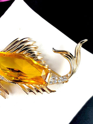 1940s Crown Trifari Sterling Vermeil Citrine Glass Fish & Bubbles Brooch