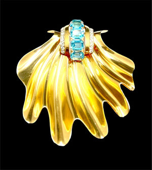 1940s Joseph Mazer Vermeil Sterling Blue Rhinestone Art Deco Clamshell Brooch