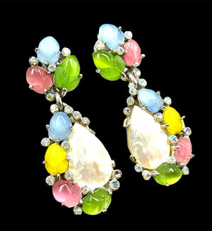 Crown Trifari Multicolor Acorn "Fruit Salad" & Mother of Pearl Drop Earrings, NWT