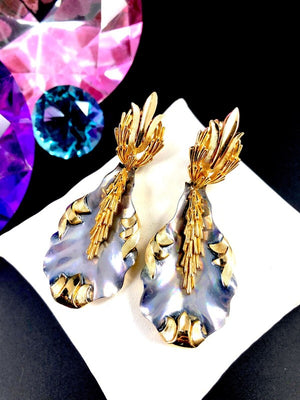 1966 Crown Trifari "Cocktail Hour" Mother of Pearl Seaweed Brooch & Earrings