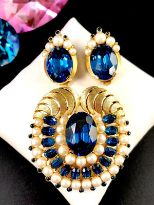 1960s Crown Trifari "Jewels of India" Sapphire & Faux Pearl Brooch & Earrings Set