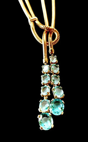1940s Trifari Vermeil Sterling Double Snake Chain Rhinestone Lariat Necklace